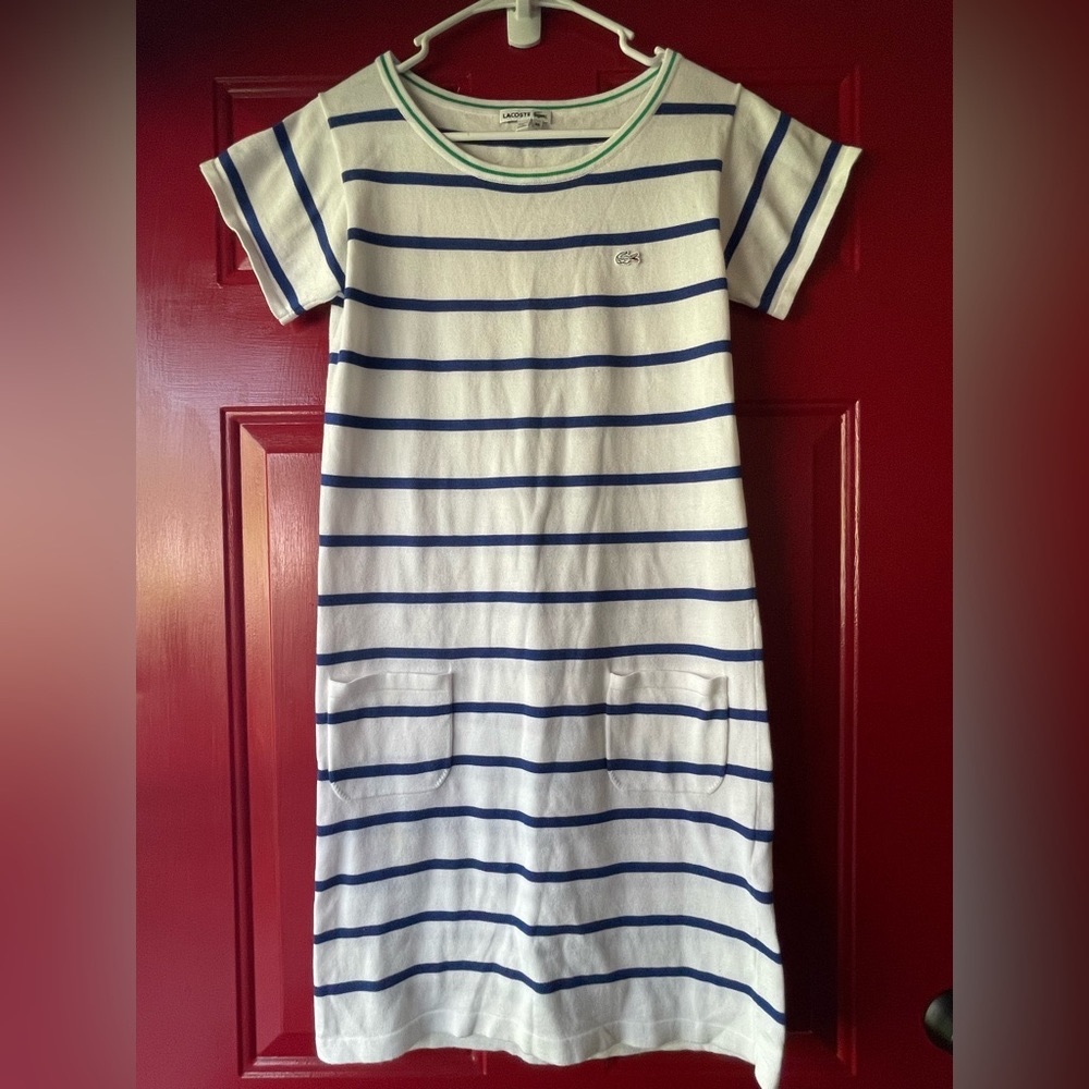 Lacoste blue and white striped knit dress with green trim around the neckline.